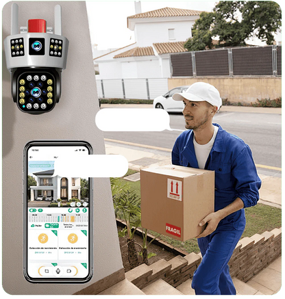Cámara inalámbrica solar de seguridad 360° para exteriores con monitoreo de tres pantallas
