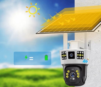 Cámara inalámbrica solar de seguridad 360° para exteriores con monitoreo de tres pantallas