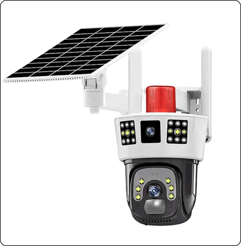 Cámara inalámbrica solar de seguridad 360° para exteriores con monitoreo de tres pantallas