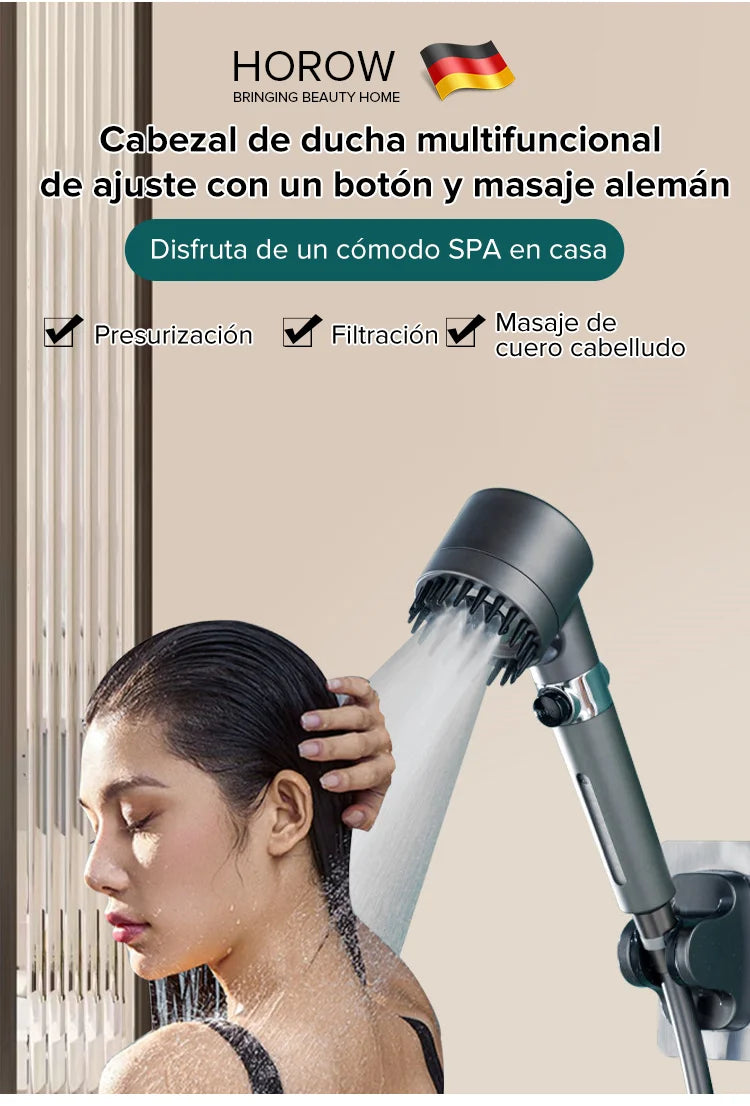 Cabezal de ducha multifuncional de ajuste con un botón y masaje alemán