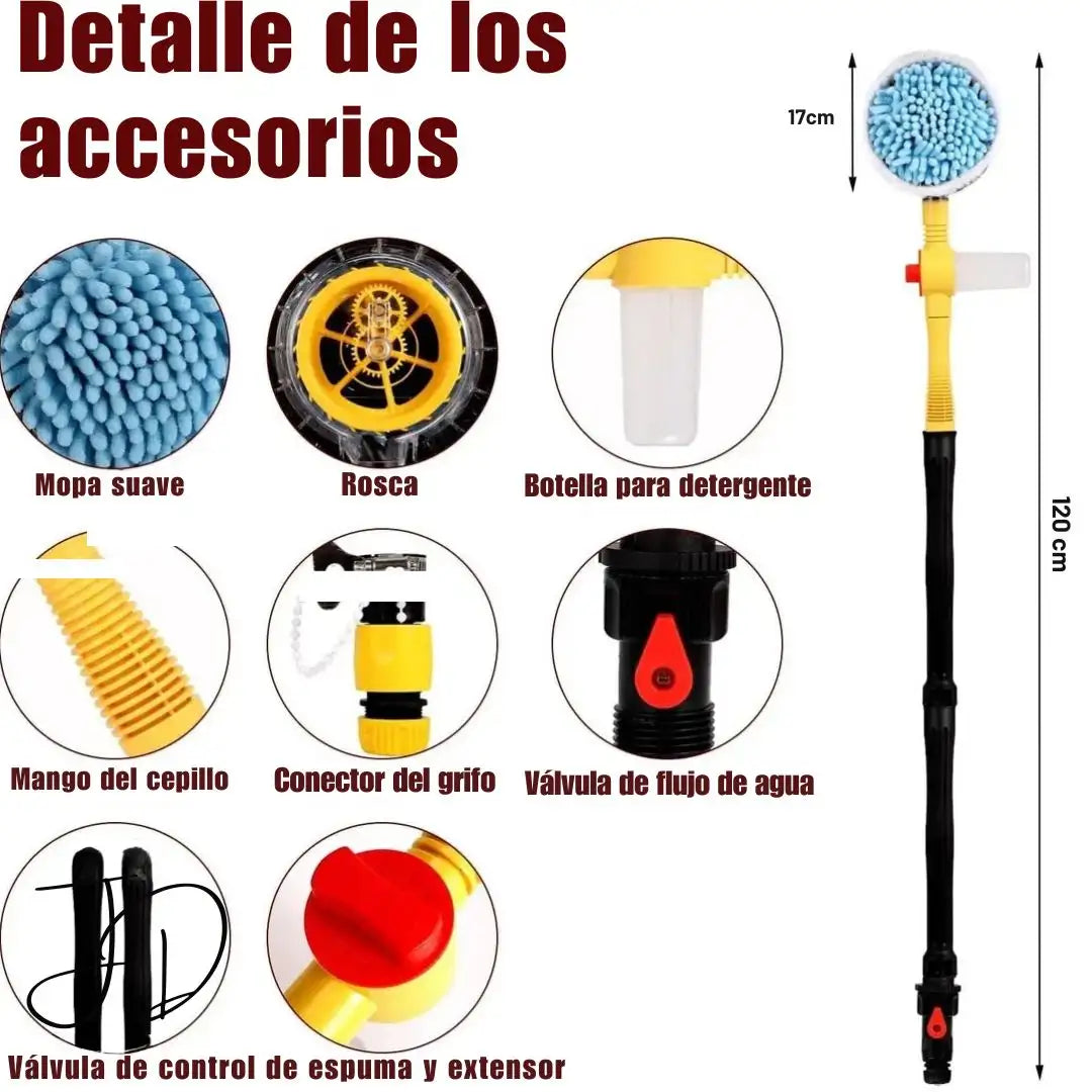 Cepillo Giratorio 360° con Dispensador de Shampoo para Lavado de Autos