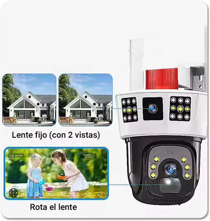 Cámara inalámbrica solar de seguridad 360° para exteriores con monitoreo de tres pantallas