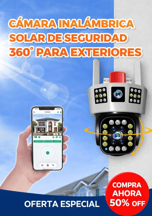 Cámara inalámbrica solar de seguridad 360° para exteriores con monitoreo de tres pantallas