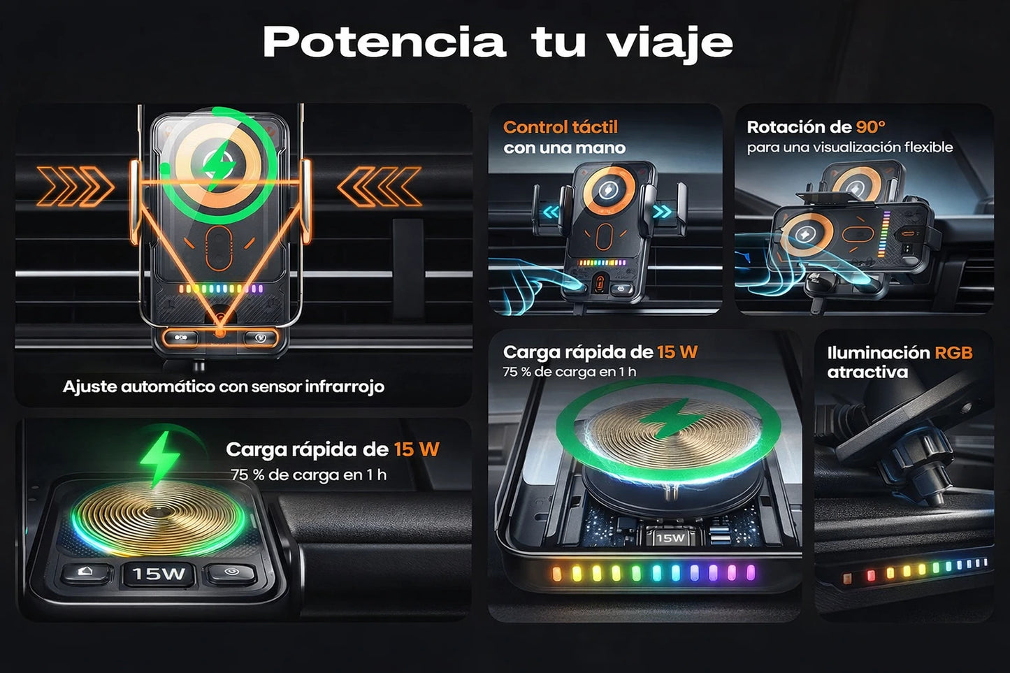 Soporte Inteligente Inalámbrico 2 en 1 para Teléfono de Auto