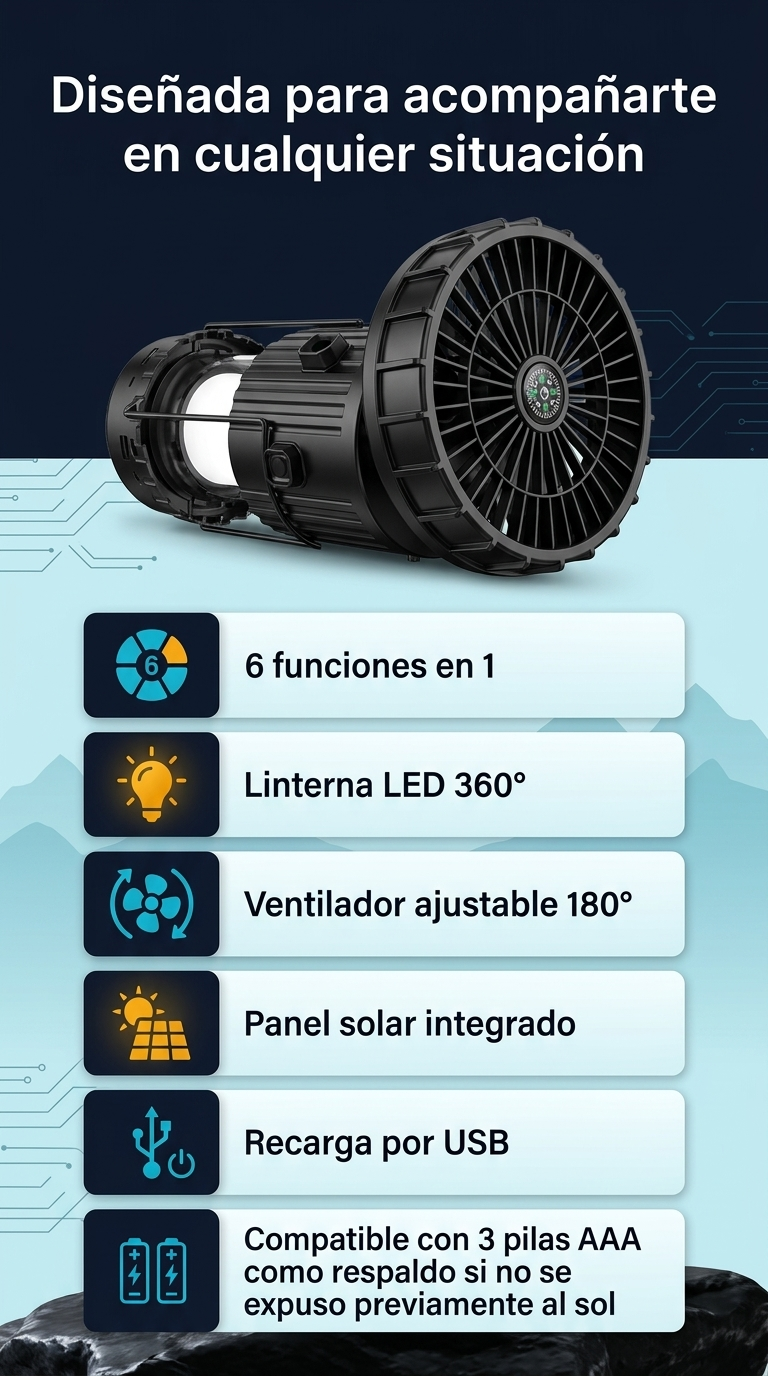 Luz LED portátil para acampar con ventilador