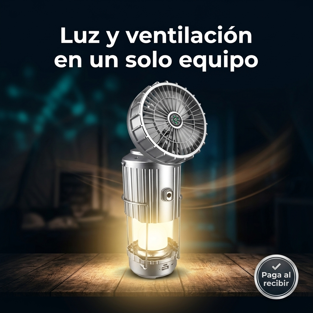 Luz LED portátil para acampar con ventilador