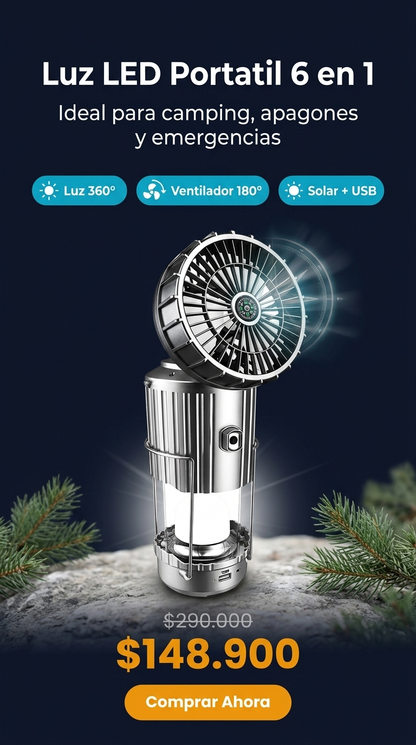 Luz LED portátil para acampar con ventilador