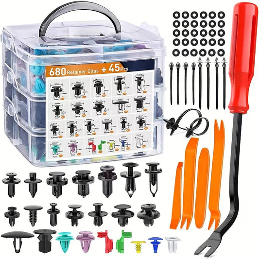 KIT UNIVERSAL DE CLIPS Y GRAPAS AUTOMOTRICES – 725 PIEZAS + HERRAMIENTAS